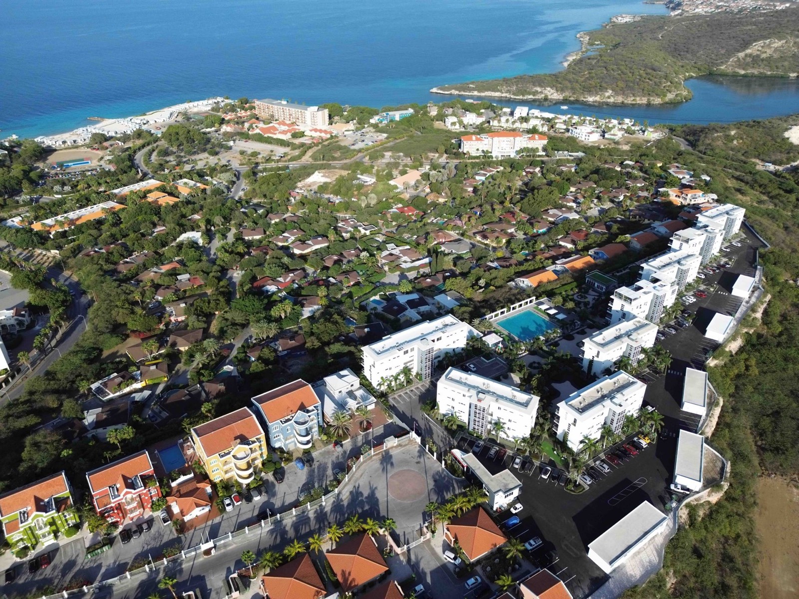 Aerial view of Grand View Residences with the resort, gardens and the Caribbean Sea in Willemstad, Curaçao